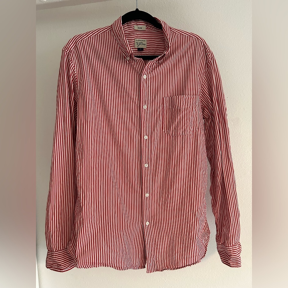 J. Crew red and white stripe slim fit button down Large